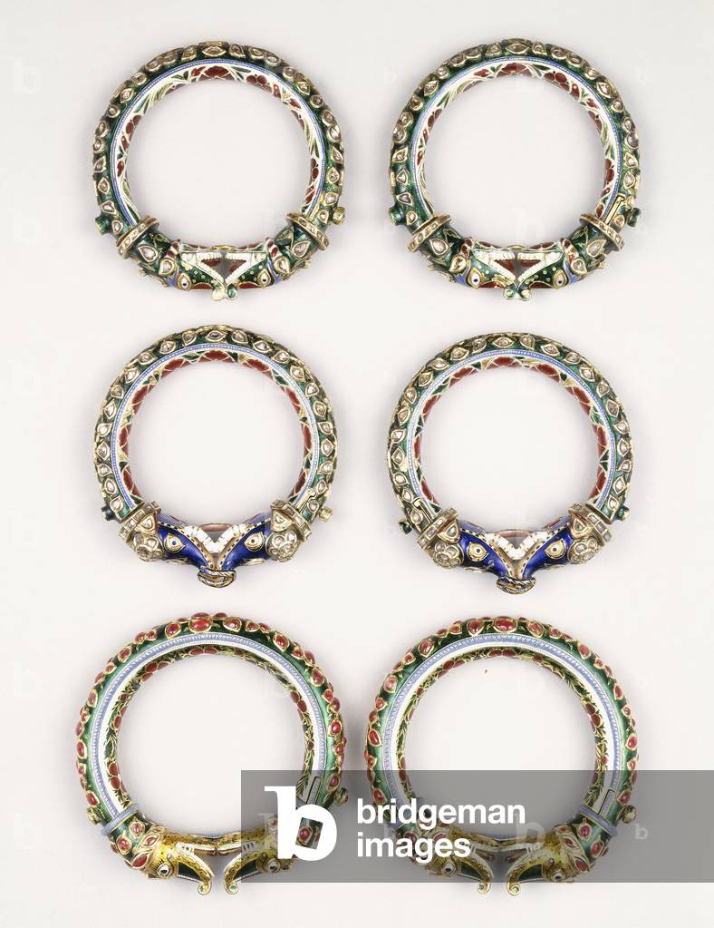 Three pairs of inset and enameled Indian bracelets, each with paired animal-head terminals, 19th century (enameled metal, precious stones)