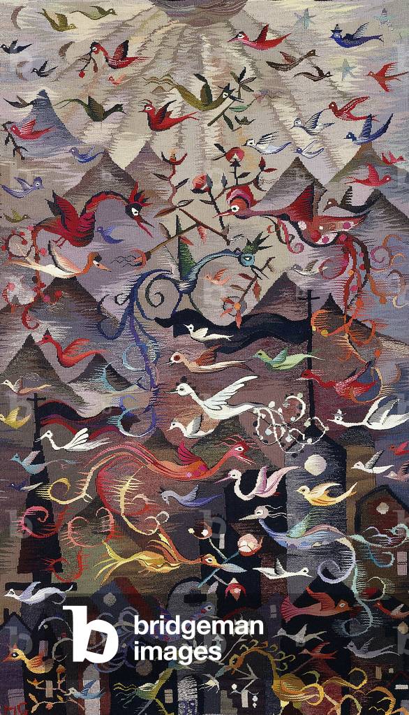 A wall-hanging tapestry, depicting mythical birds, with a background of mountains and sun rays, 1921 (tapestry)