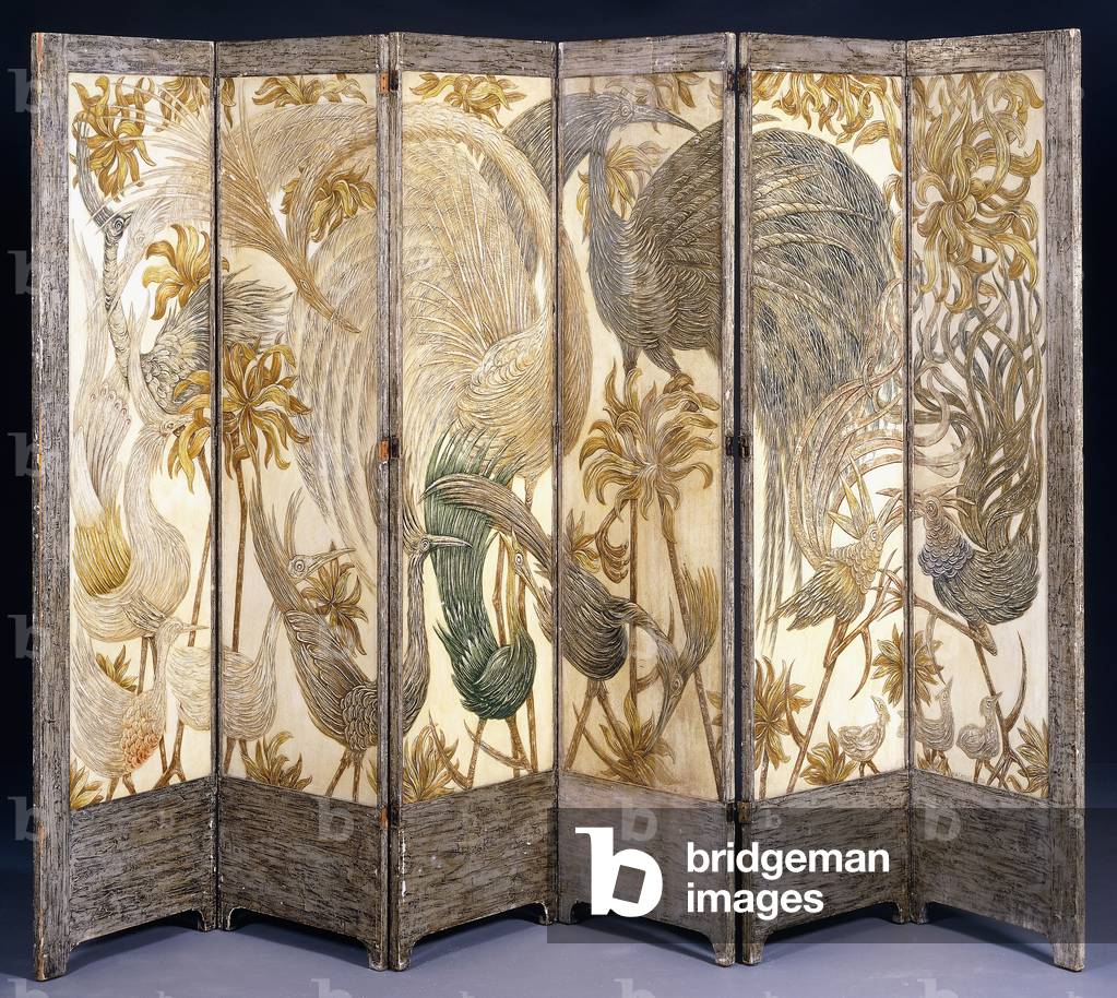 A six panel screen, 1921 (painted wood, silvered charcoal)