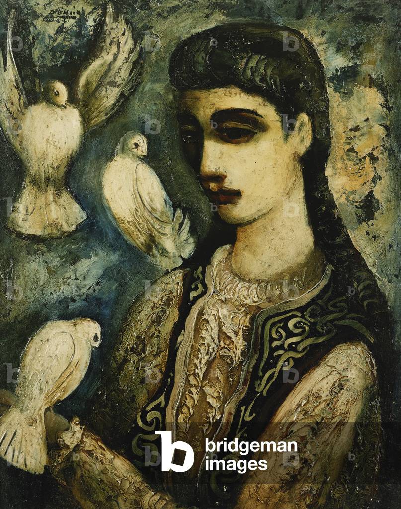 Girl and Doves, (oil on board)