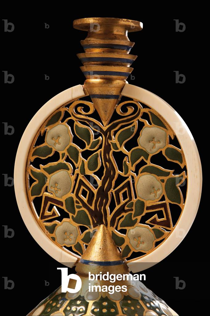 Detail of a gilt bronze enamel and ivory candlestick (one of a pair), c.1907 (gilt bronze enamel, ivory)