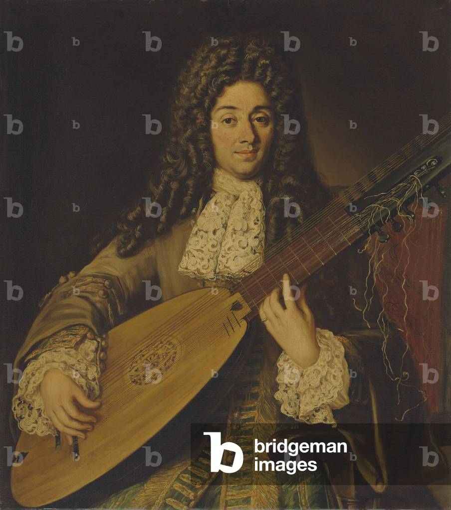 Portrait of a musician, probably Petruccio, half-length, playing a theorbo (oil on canvas)