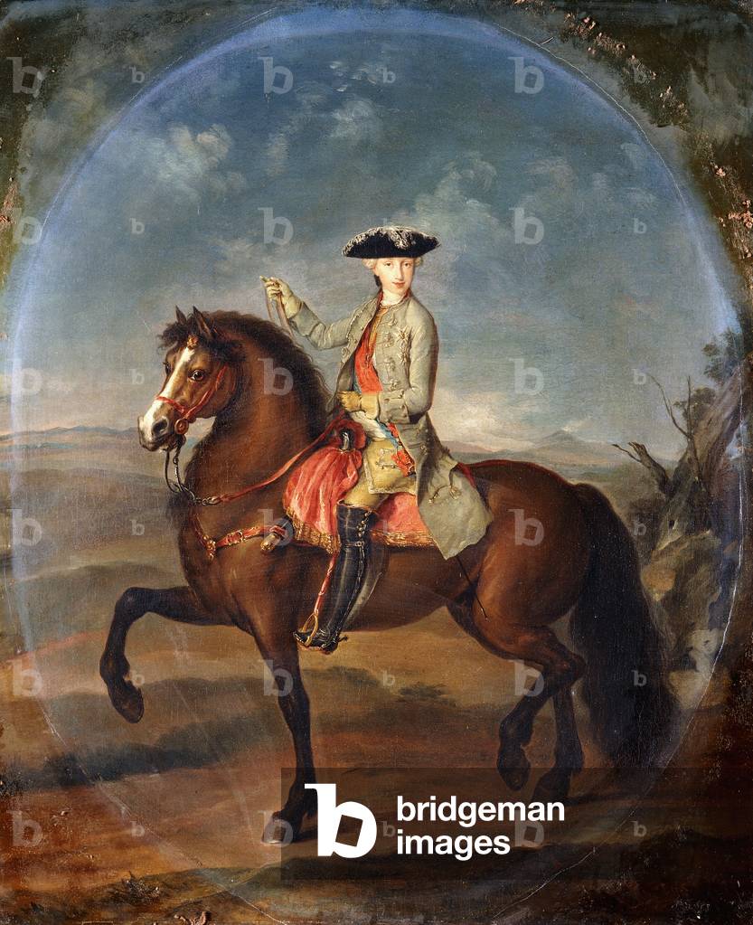 An Equestrian Portrait of Francis, Duke of Lorraine (1708-1769), later Emperor Francis I of Austria, full length in a landscape (oil on canvas, an oval made up into rectangle)