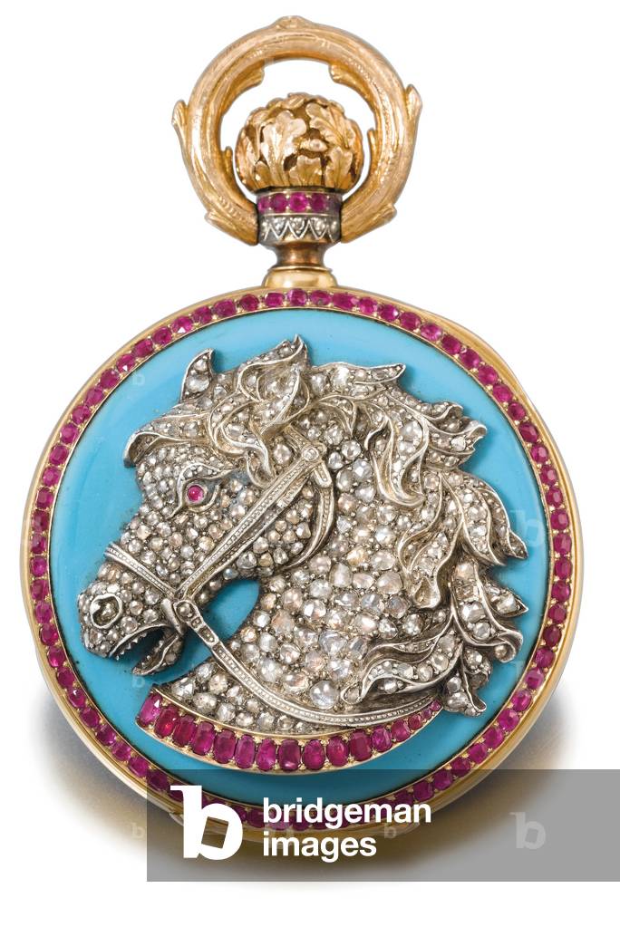 An extremely fine and historically interesting presentation watch with matching chain and fob seal, made for King Ludwig II of Bavaria, c.1880 (gold, enamel, diamonds & rubies)