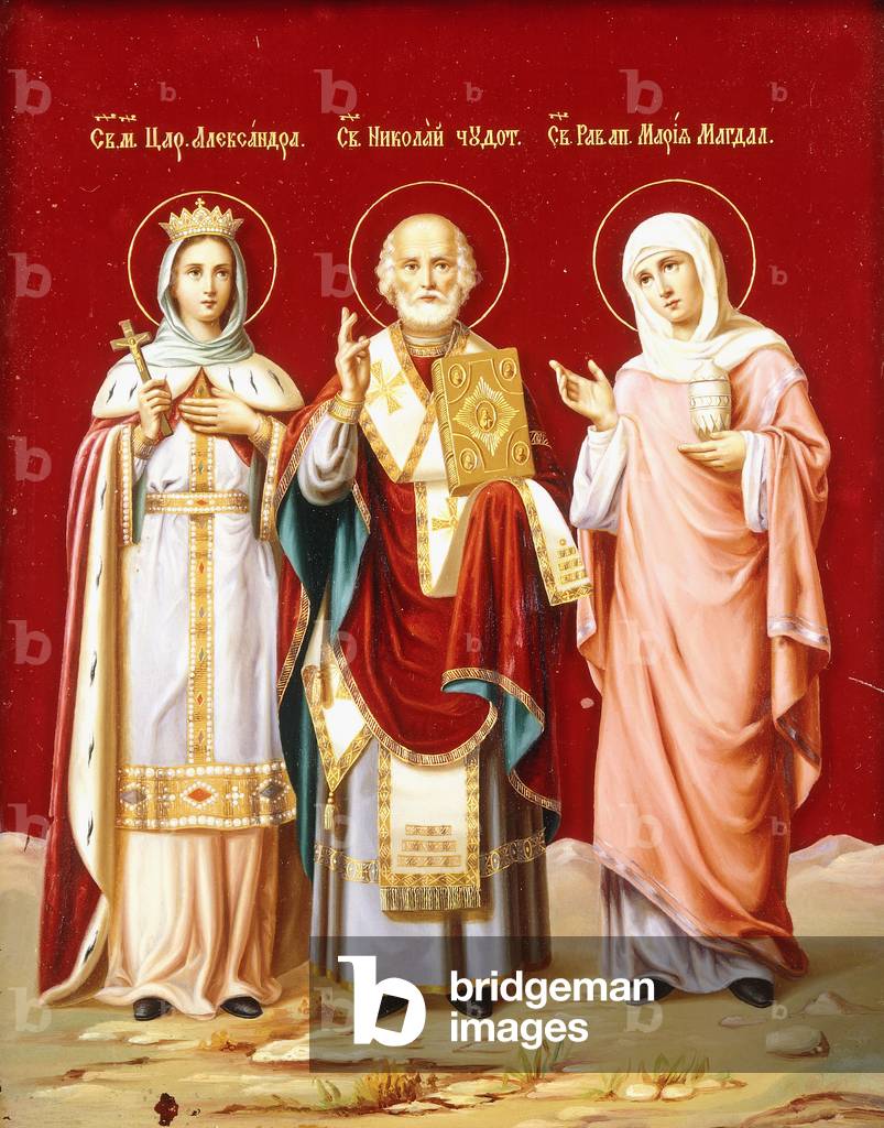An icon painted on glass depicting Saint Nicholas, Saint Alexandra and Mary Magdalene, c.1900 (painted glass)