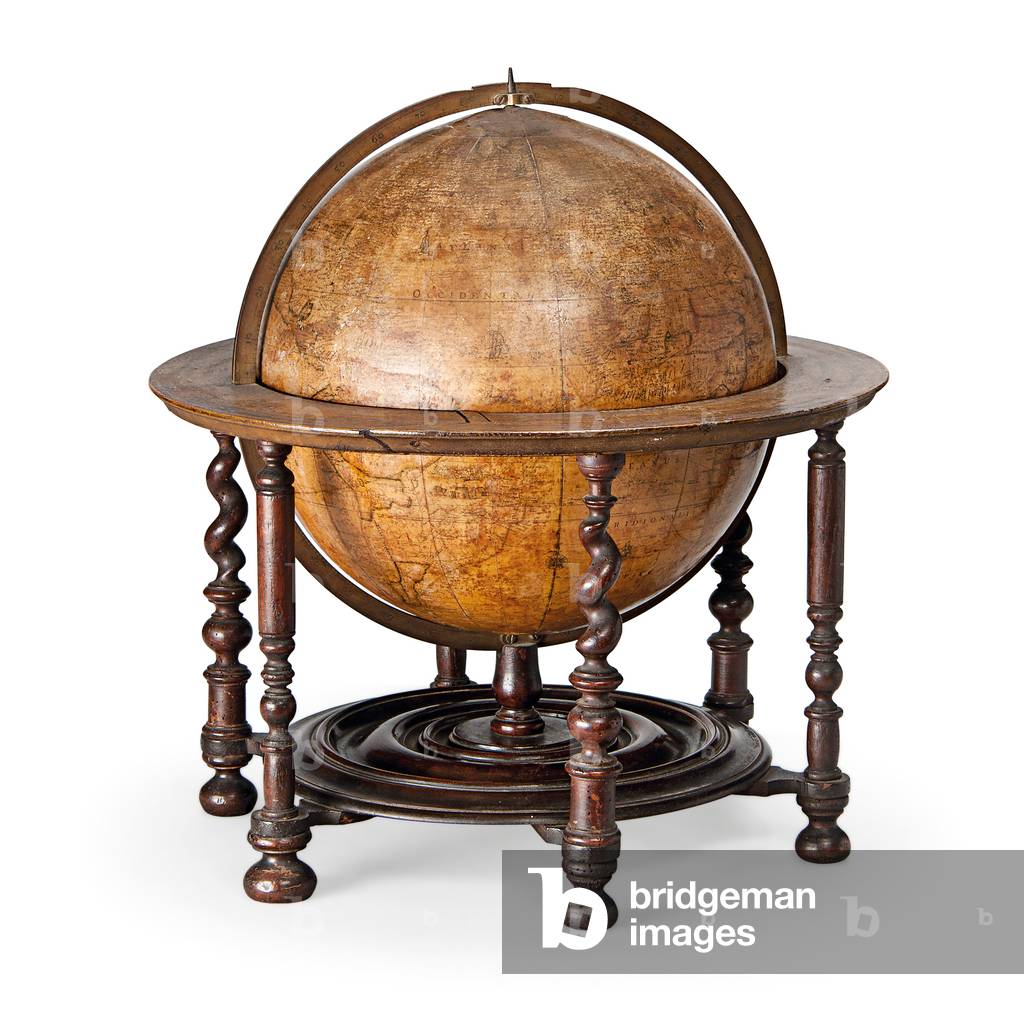 Early English terrestrial globe, c.1673 (engraving, brass, walnut & oak)