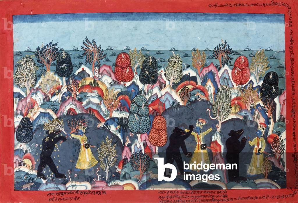 Krishna Fighting Jambavata, King of the Bears, c. 1775 (w/c on paper)