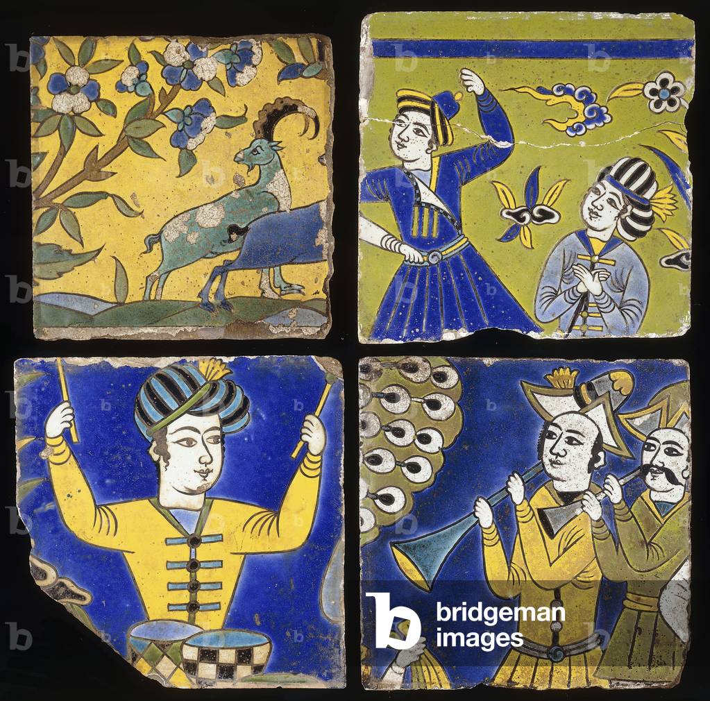 Four Saffavid cuerda seca tiles, depicting two ibex, and the figures of musicians and dancers, c. 1600 (cuerda seca tile)