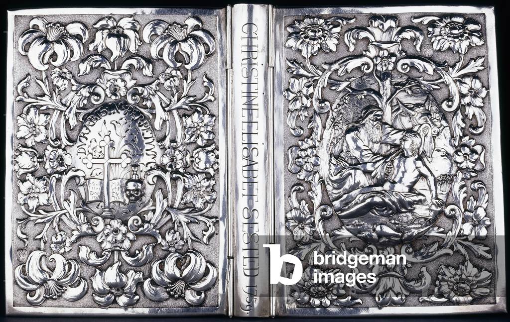 Upper and lower book cover with foliage and an image of the Good Samaritan, 1740 (embossed silver)