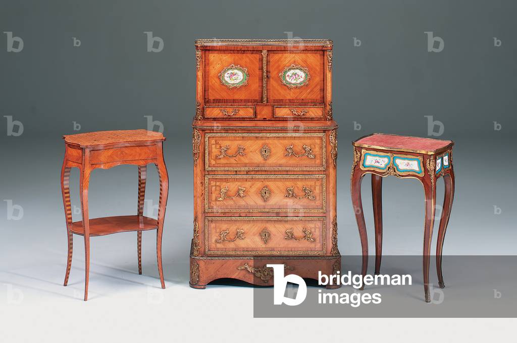 Victorian occasional table (left) (tulipwood, kingwood, marquetry & parquetry)