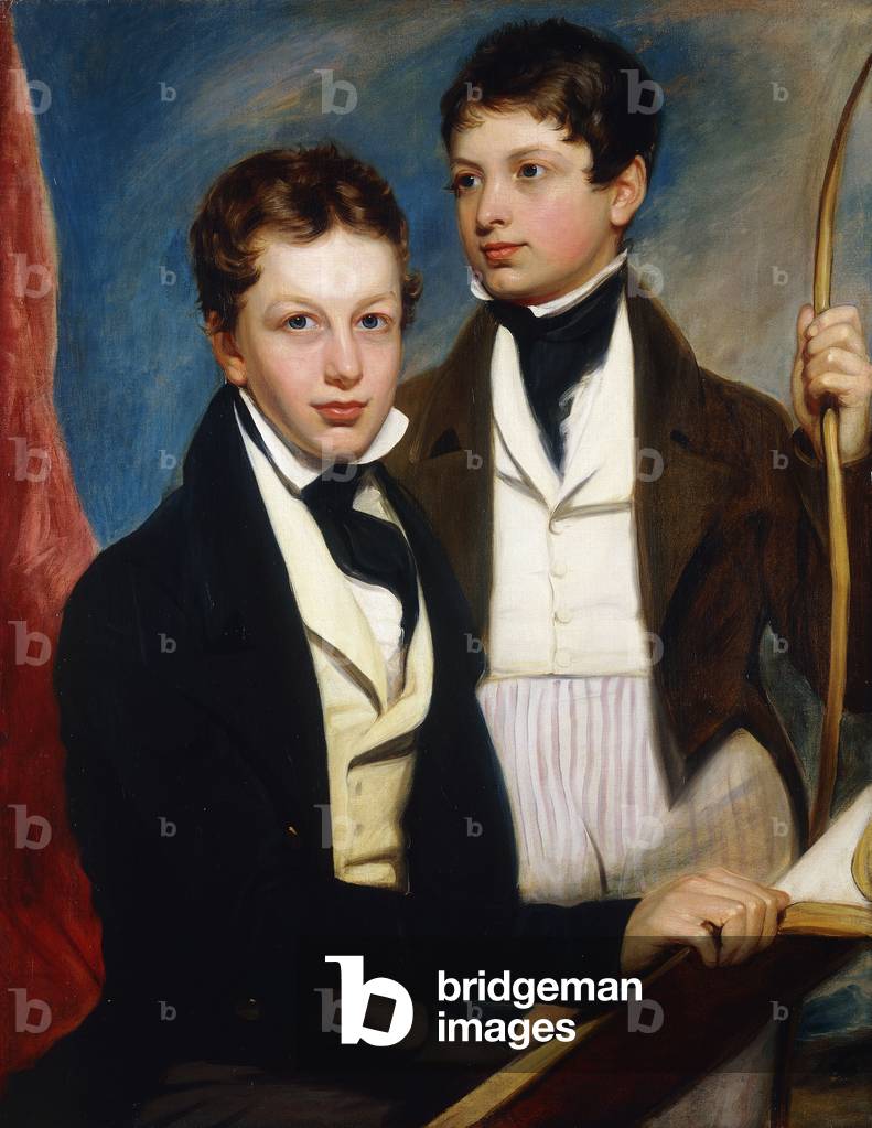 A Group Portrait of the Musgrave Morris Boys, one Seated half-length in a Dark Jacket, Holding a Book, the other standing three-quarter length in a Dark Jacket, Holding a Bow, c.1830 (oil on canvas)