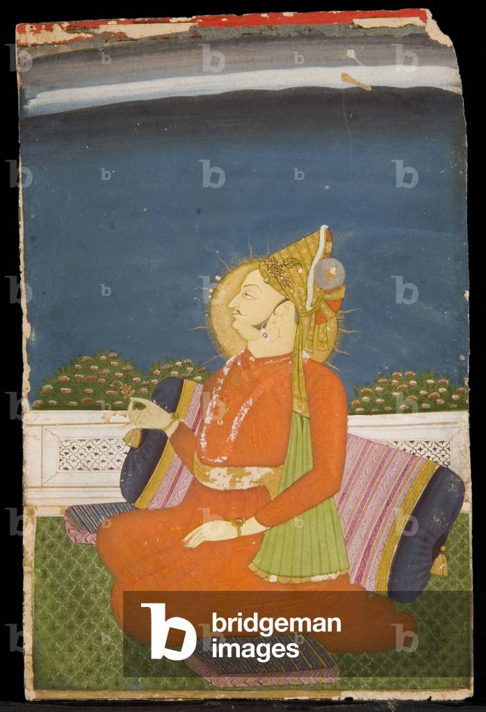 A Bejeweled Dignitary, Wearing a Plumed Turban, Holding a Lotus Bud, Sitting on a Terrace (gouache and gold on paper)