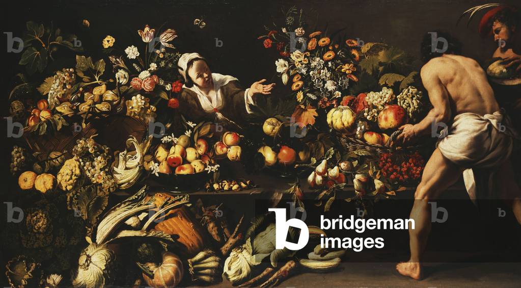 A Larder Stocked with Vegetables, Flowers and Fruit,  (oil on canvas)