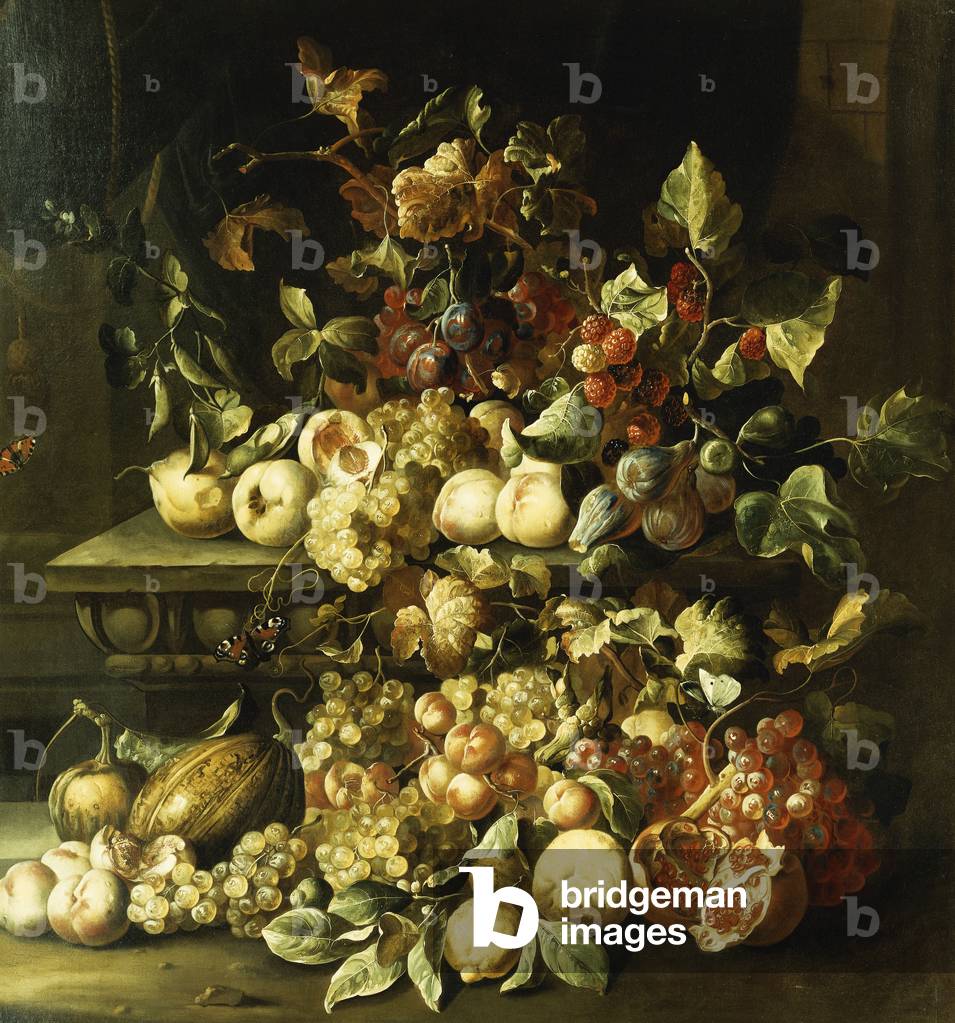 Grapes, Figs, Raspberries and Other Fruit on a Stone Ledge, (oil on canvas)