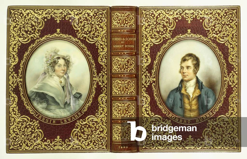 Upper and lower covers, and spine, with oval portraits of Robert Burns and Jessie Lewars, 1860 (purple crushed levant morocco with gilt fillet, scroll border an)