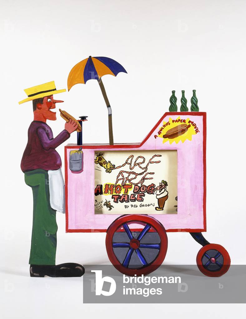 A Hot Dog Tale, 1965 (oil on wood, coloured felt-tip pens on paper and electric light)