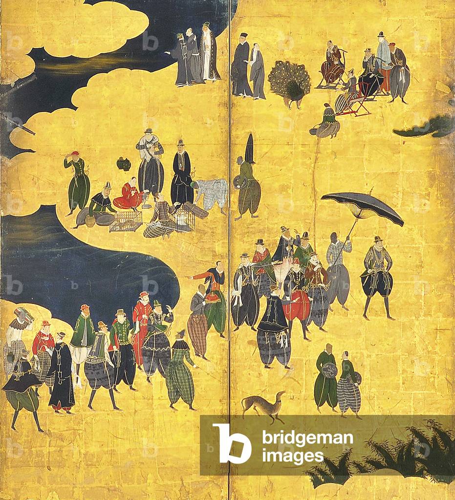 Detail of the Southern Barbarians Come to Trade, pair of six-panel screens, early 17th century (ink, colour, gold & gold leaf on paper) (see also 1152500) 