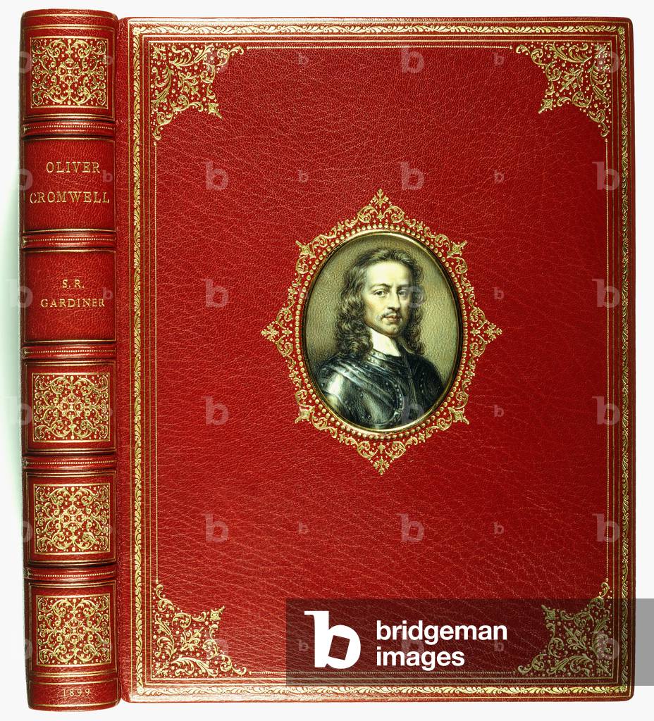Upper cover and spine, with oval portrait miniature of Oliver Cromwell, 1899 (red crushed levant morocco, decorative roll tool border within g)