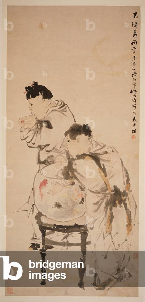 Two Boys Playing with Goldfish, 1879 (hanging scroll, ink and colour on paper)