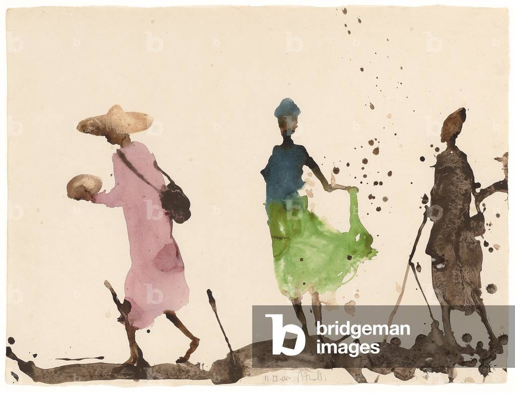 Sangha Market, Green Skirt, 2000 (w/c & sand on paper)