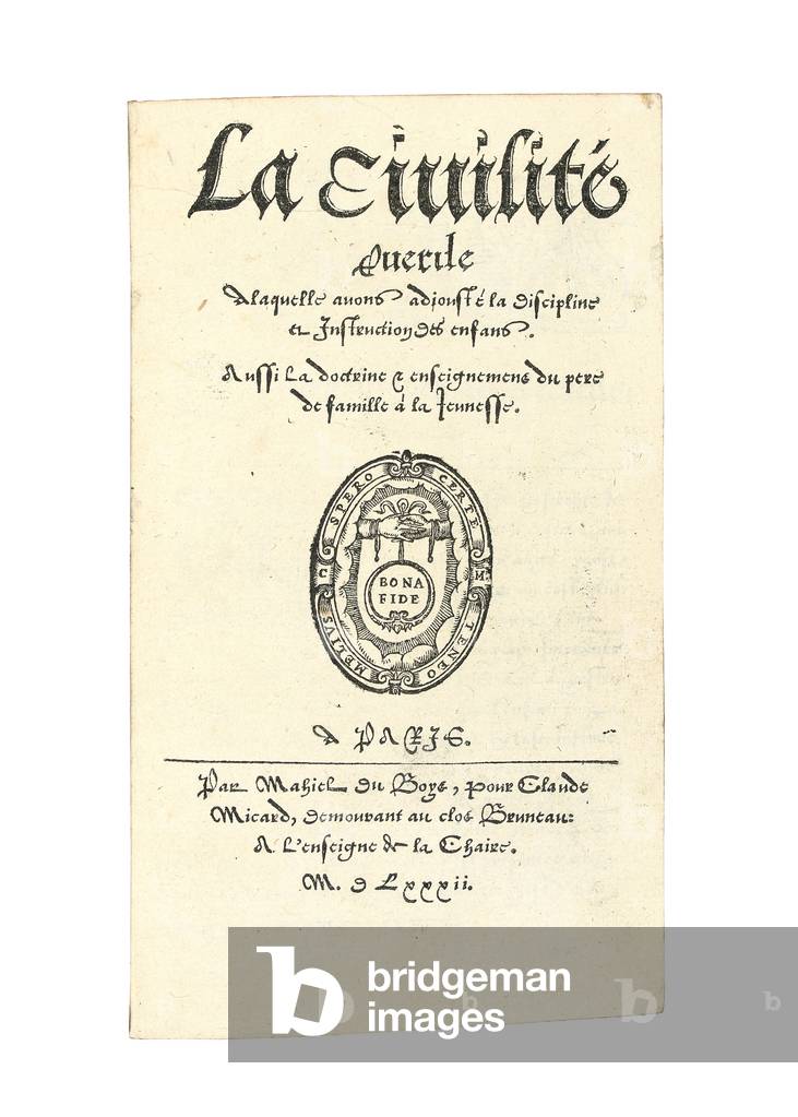 Title page from 'La civilité puerile a laquelle avons adiousté la discipline et instruction des enfans. Aussi La doctrine et enseignemens du pere de famille à la jeunesse' by Desiderius Erasmus, 1582 (print) (see also 869495)