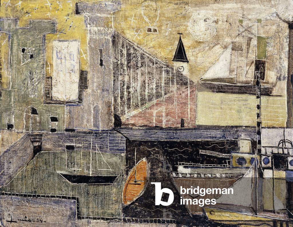 The Port of the Old City; El Puerto de la Antigua Ciudad, 1954 (oil on burlap)