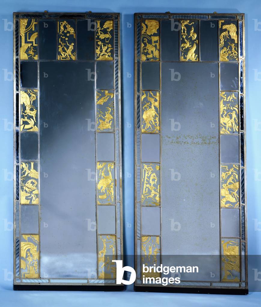 A pair of Orrefors mirrored doors, with circus scenes, 1936 (doors with chromed metal, gold leaf & bevelled glass mirror)