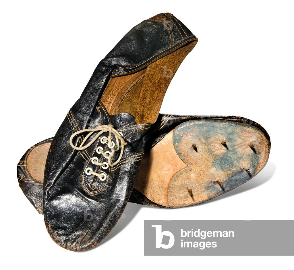 A pair of English running shoes worn by Sir Roger Bannister on his record-breaking run, 1954 (black kangaroo leather)