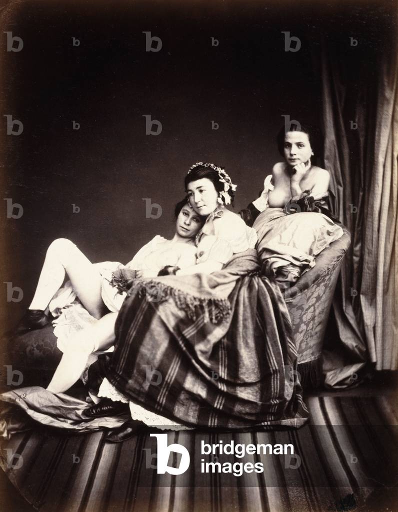 Three Nude Women on a Chaise Lounge, c.1850 (albumen print, mounted within ruled borders)