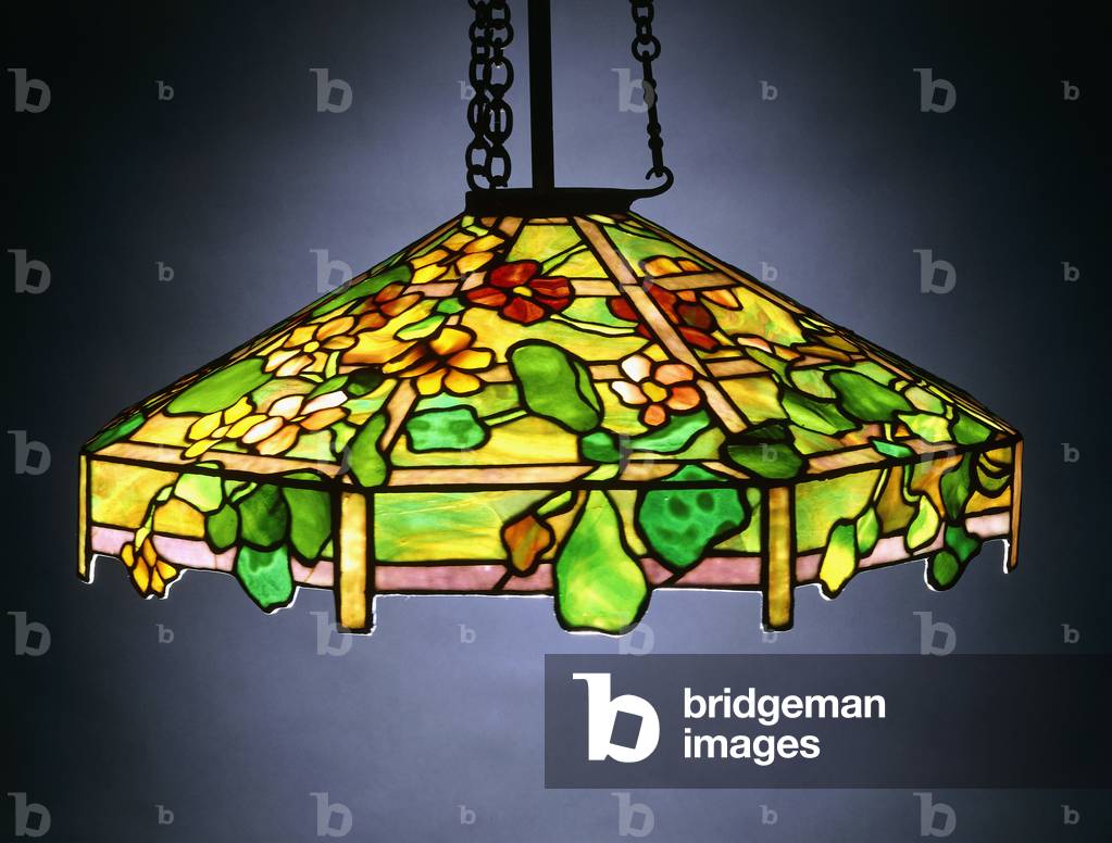 A 'Nasturtium' leaded glass and bronze hanging chandelier,  (glass, bronze)