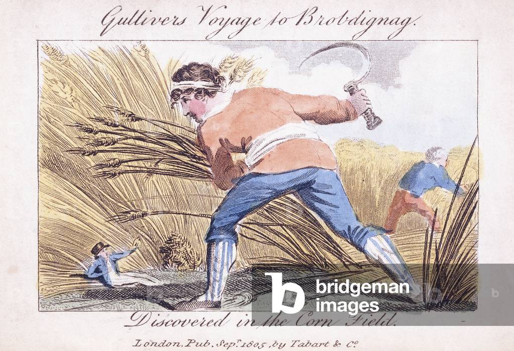Gulliver's Voyage to Brobdignag, Discovered in the Corn Field, 1805 (hand-coloured engraving)