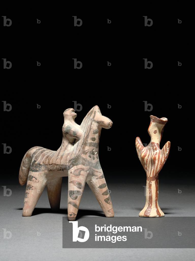 Greek horse and rider, c.6th century BC, and Mycenaean Psi figure, c.13th century BC (terracotta)