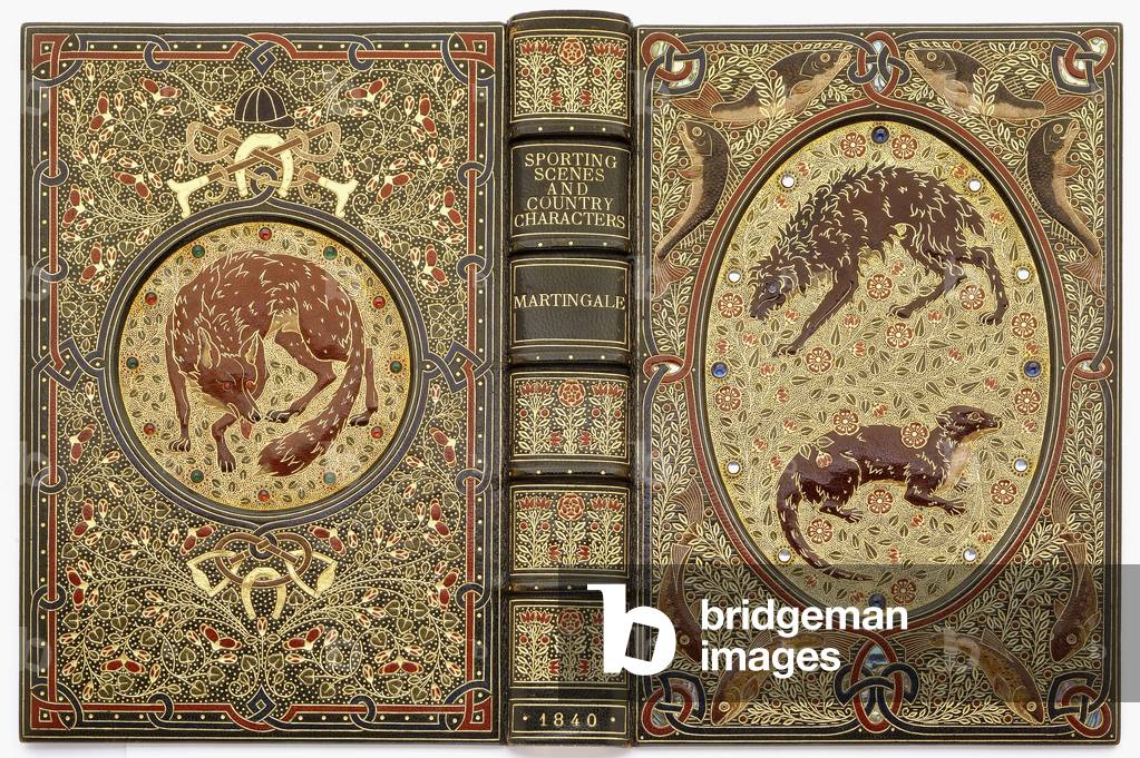 A jewelled ornamental binding with stones, depicting several animals, 1860 (green crushed levant morocco leather, red & blue morocco leather, gilt, moonstones, sapphires, ruby)