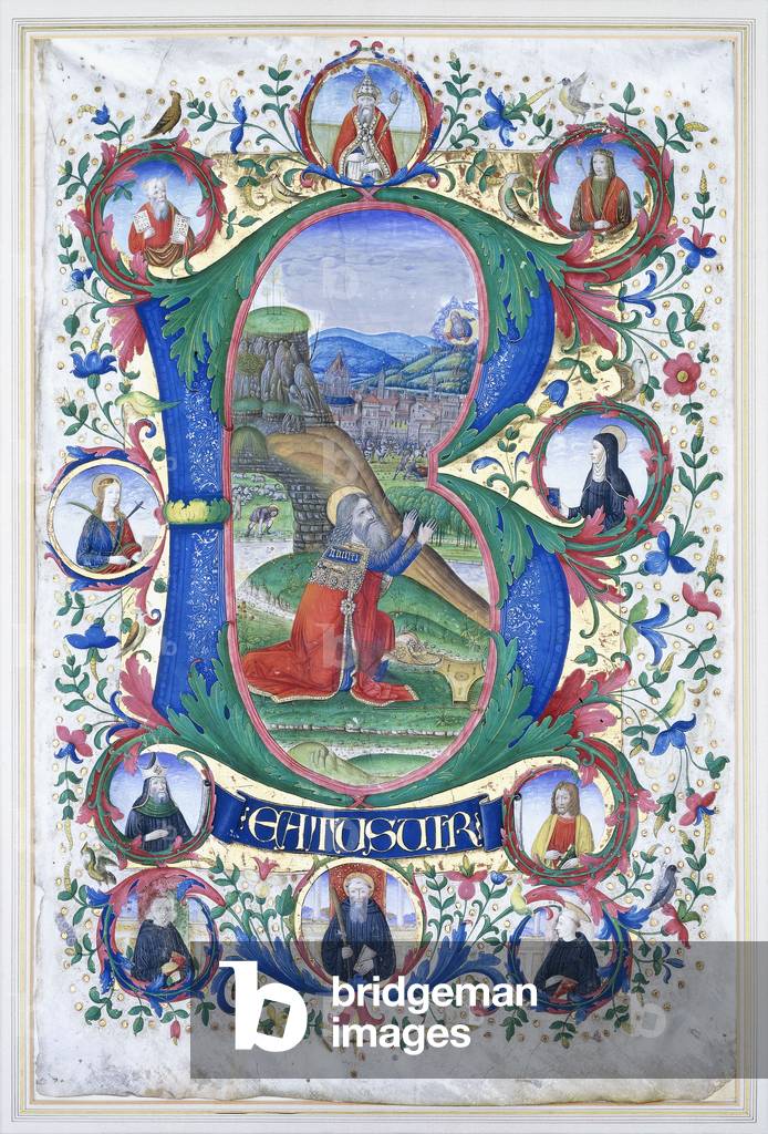 King David at prayer within a very large initial 'B', the surround with ten large roundels each containing the portrait of a saint, c.1500 (illuminated miniature on vellum)