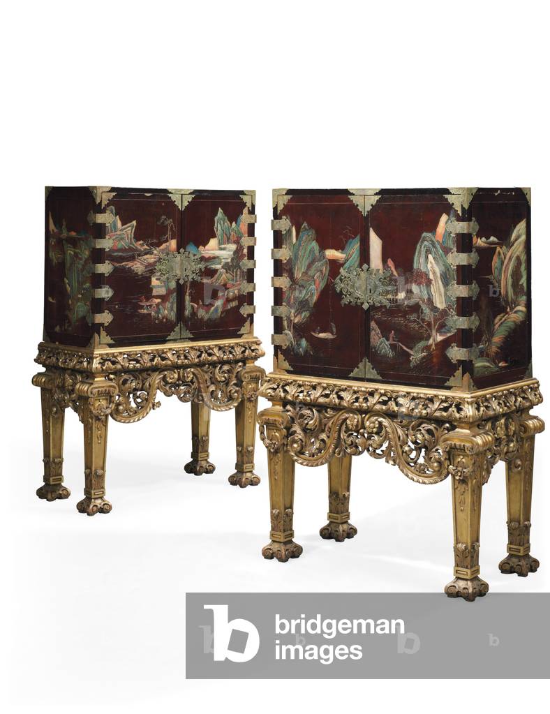 Pair of coromandel cabinets, with later stands (metal, lacquer & wood) (see also 1274756)