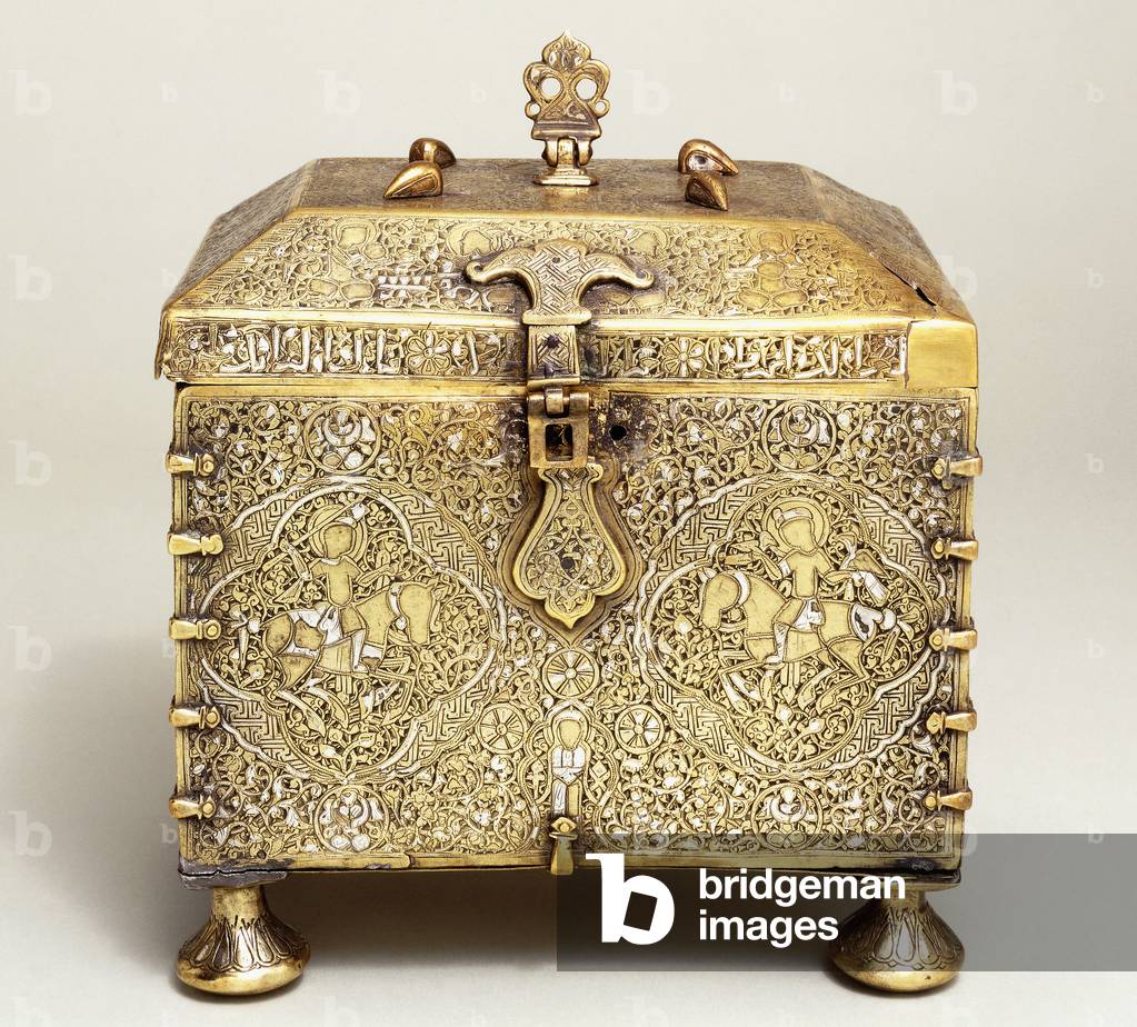 A Mesopotamian silver inlaid brass casket, with dials for a combination lock (front view), 13th century (silver inlaid brass)