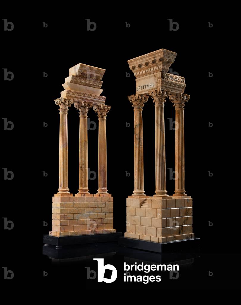 Model of the Temple of Castor and Pollux and a model of the Temple of Vespasian, Rome, c.1850 (giallo antico marble on nero antico marble bases)