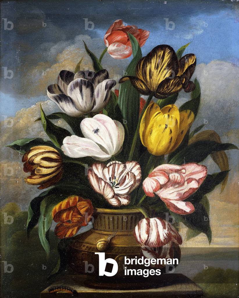 Tulips in a Vase, with a Caterpillar, a Snail, and a Fly, on a Plinth in a Landscape, 1826 (oil on panel)