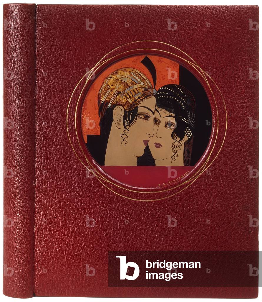 Book cover of 'Histoire Charmante de l'Adolescente Sucre d'Amour' by Joseph Charles Mardrus, 1927 (red moroccan leather, painted plate with chinese lacquer)