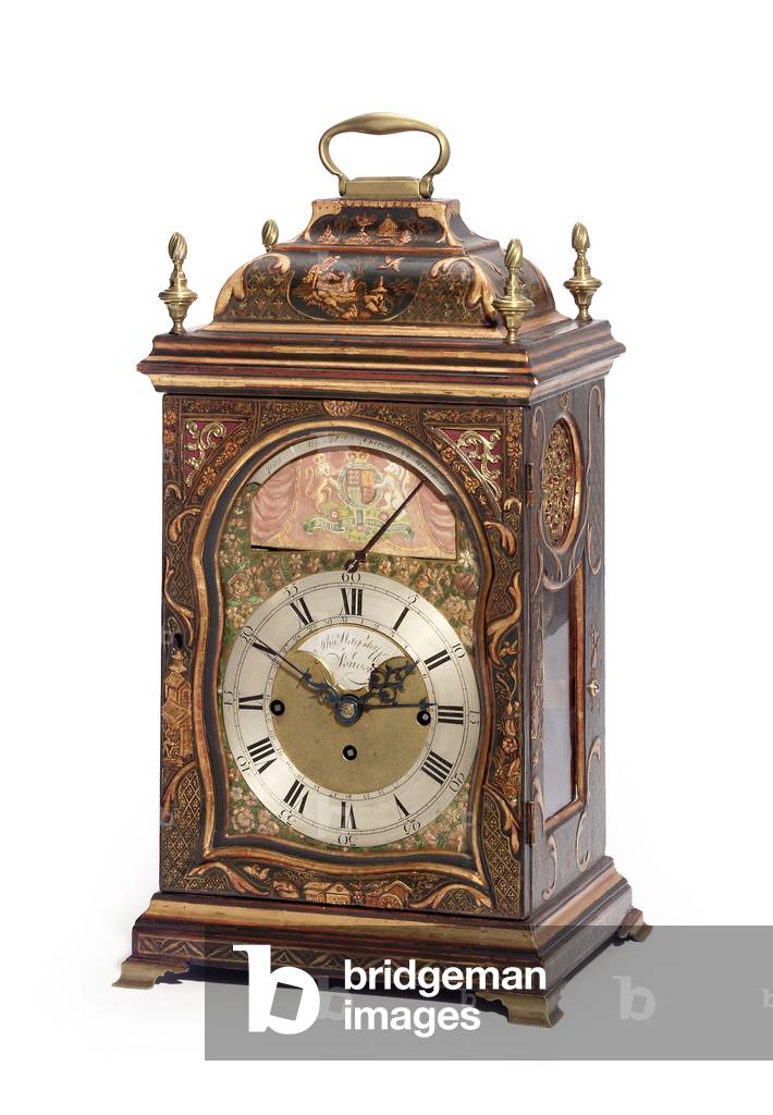 George III green and gilt Japanned musical automaton table clock depicting the Lord Mayor's Parade, c.1780 (wood, brass & lacquer) (see also 491786-7)