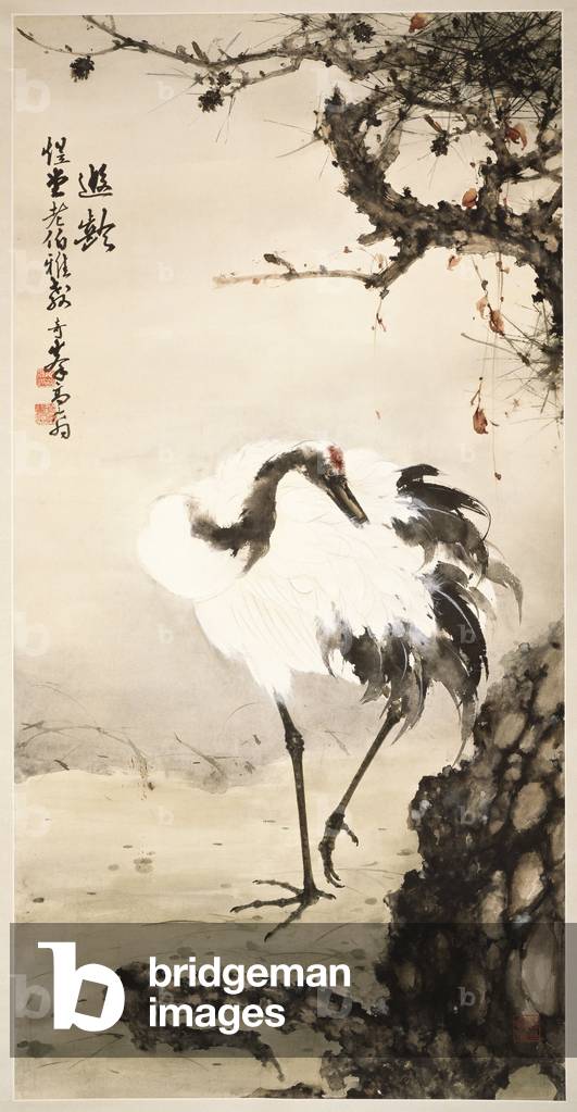 Crane under a Pine Tree (hanging scroll, ink and colour on paper)