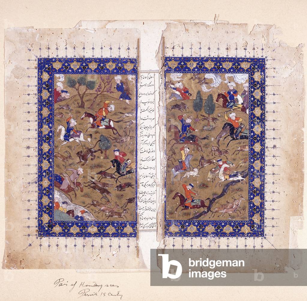 A bifolio depicting hunting scenes, late 15th century (gouache with gold paint on paper)