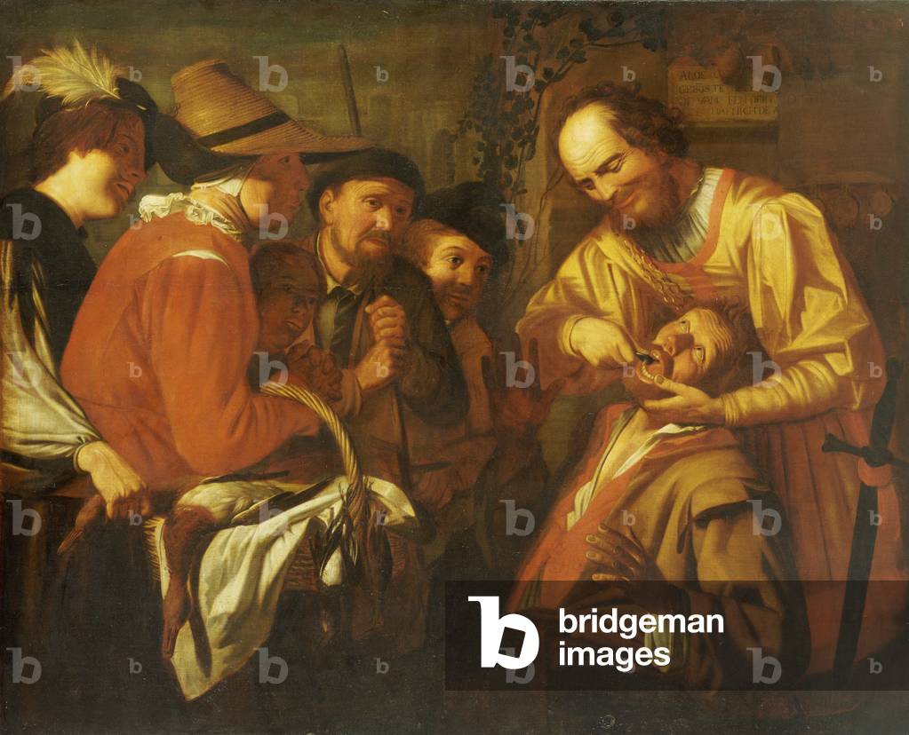 A Quack Dentist extracting a Tooth, while a Group of Onlookers watch nearby (oil on canvas)