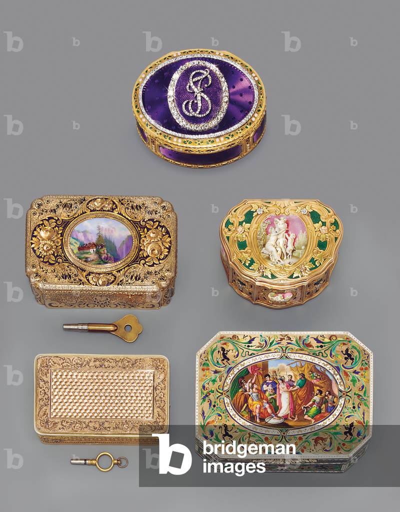 Collection of singing-bird boxes and snuff boxes (enamel & silver-gilt)