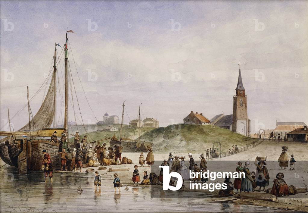 Fisherfolk on a Beach with a Town Beyond, 1857 (watercolour heightened with white)