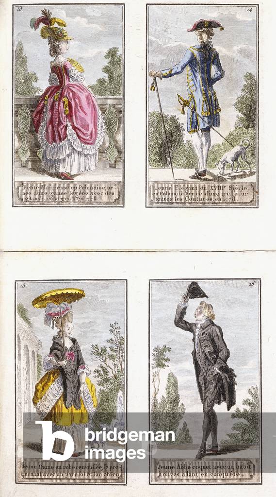 Plates 13-16 from an almanac of contemporary French fashion, 1778 (hand coloured engraving)