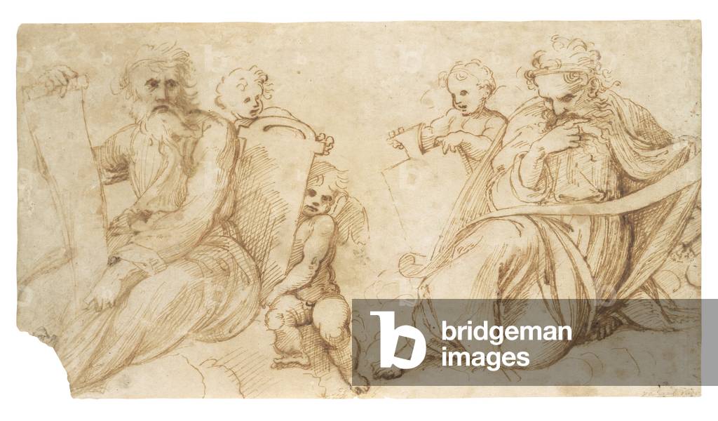 Two prophets with scrolls seated with putti holding tablets (red chalk, pen & brown ink on paper)