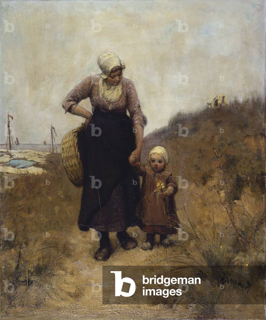 Mother and Child on a Path by the Sea (oil on canvas)
