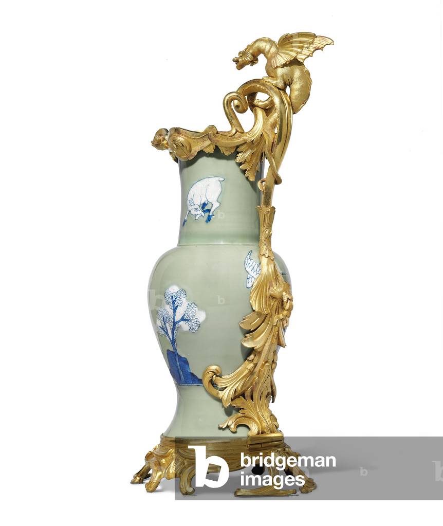 One of a pair of Louis XV ewers, porcelain 1662-1722, mounts c.1745-49 (ormolu-mounted porcelain)