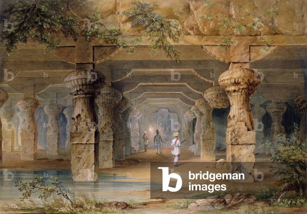 The Interior of the Great Cave, Elephanta, Bombay, 19th century (pencil, watercolour)